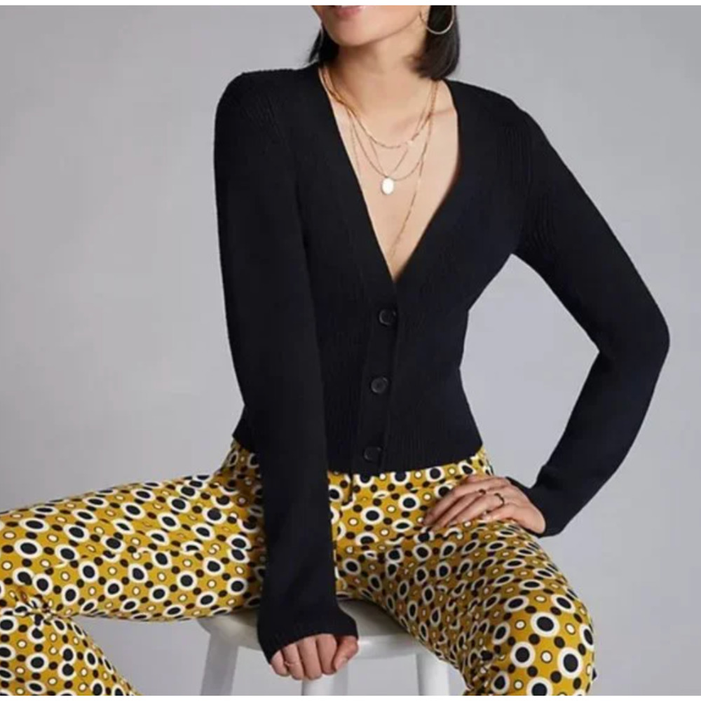 ANTHROPOLOGIE Maeve V Neck Ribbed Puff Sleeve Cardigan Black {MM44}